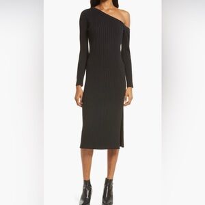 Charles Henry Black Ribbed One-Shoulder Dress